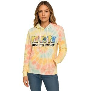 MTV Tie Dye Fun Cropped Hoodie Sweatshirt in Multi Color EUC Size Large
